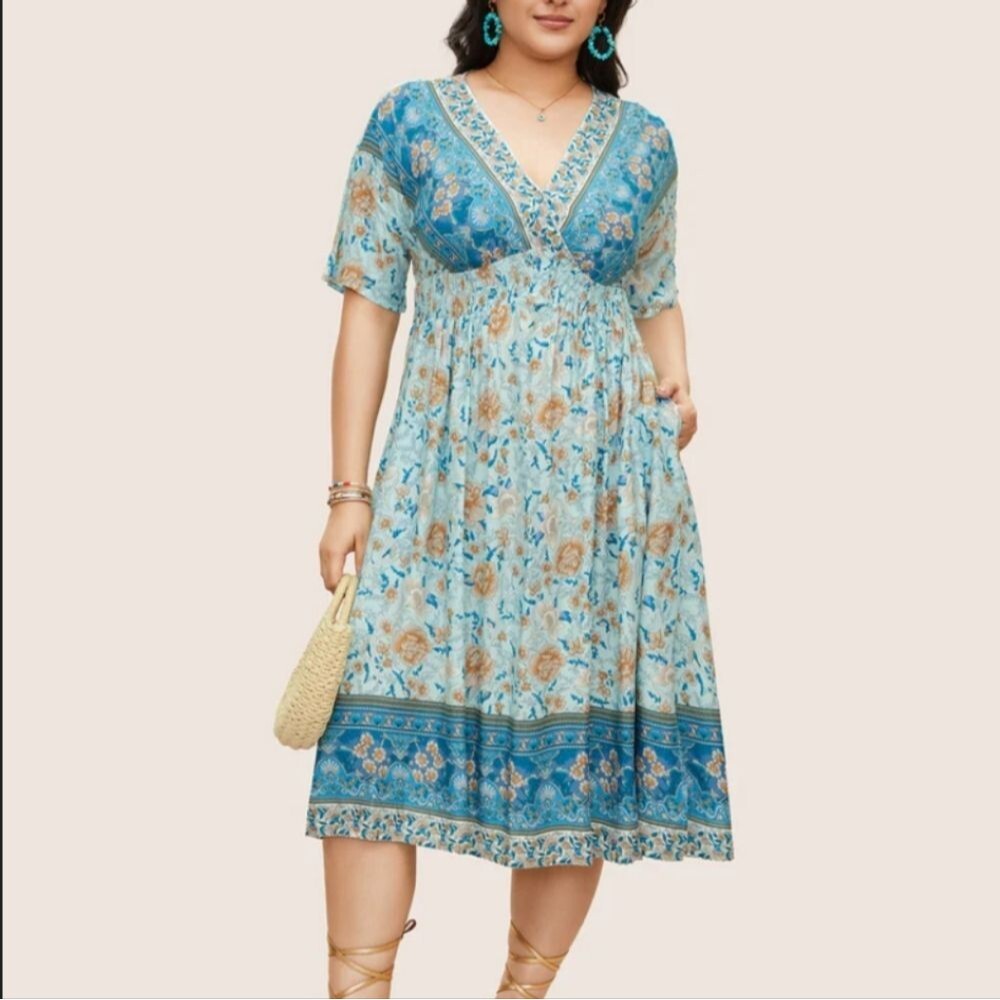 Bloomchic Floral Dolman Sleeve Ruffle Shirred Split Hem Dress Size 12